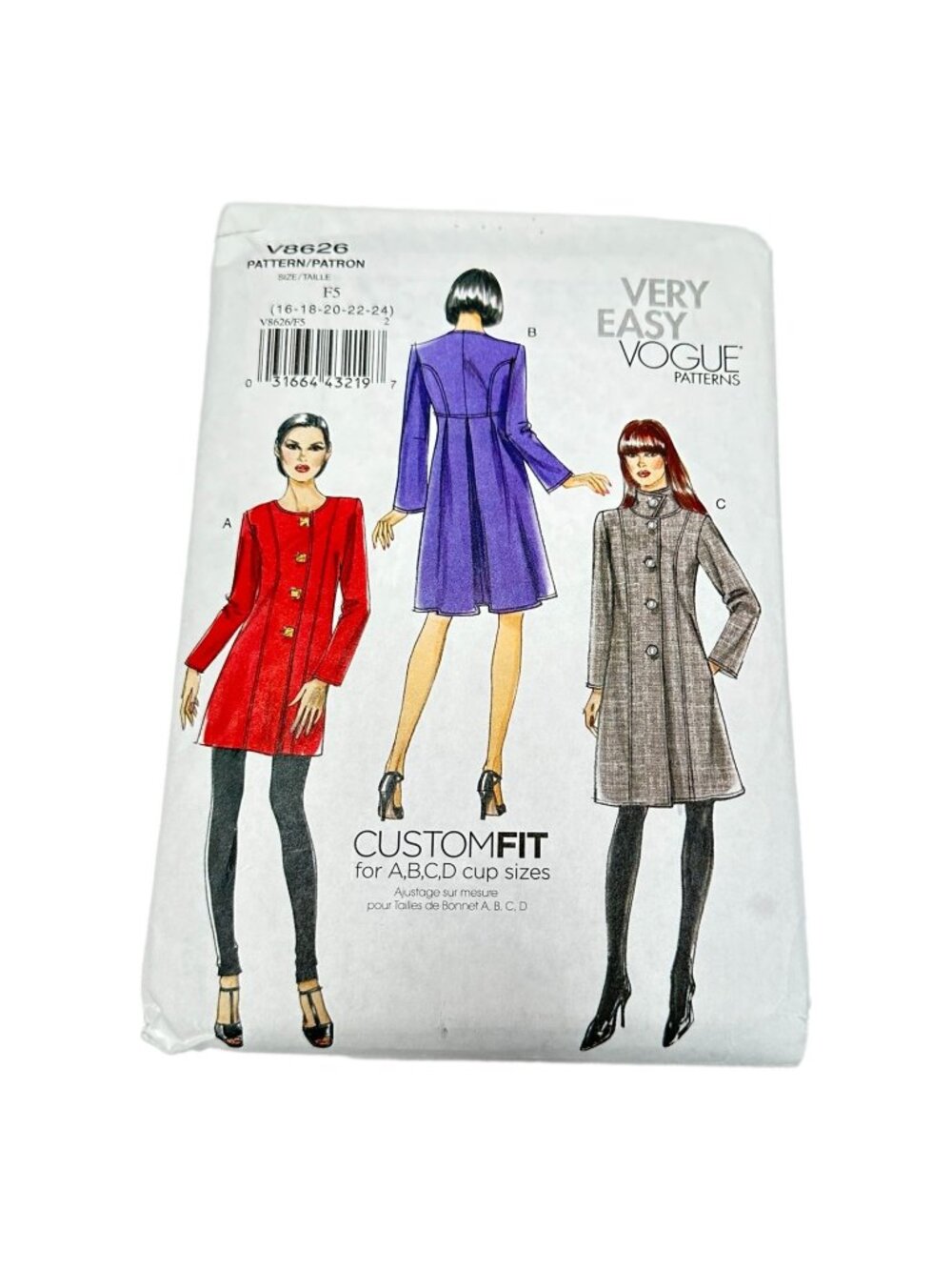 Vogue Pattern V8626 Coat Plus Size 16-24 Very Easy Custom Bust Sewing Uncut‎